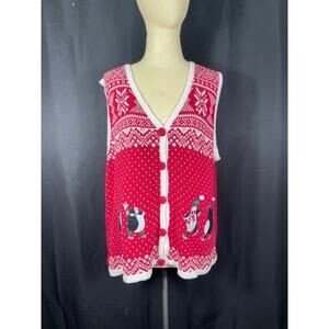 Vintage, Ugly but Cute Red Christmas Vest, Penguins, Button Up, Snowflakes Large